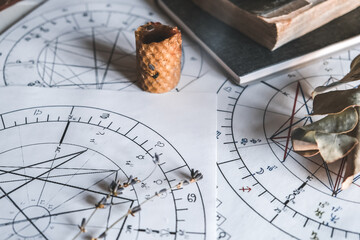 Astrology. Astrologer calculates natal chart and makes a forecast of fate Tarot cards, Fortune telling on tarot cards magic crystal, occultism, Esoteric background. Fortune telling,tarot predictions
