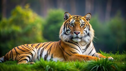 Obraz premium Majestic tiger laying on grass in the wild , Wildlife, Carnivore, Predator, Feline, Stripes, Big cat, Safari
