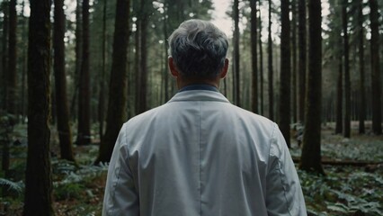 doctor standing in a dense forest, back-view, medical professional amidst nature