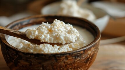 Fototapeta premium A spoonful of homemade or farm cottage cheese, useful properties and nutritional value.
