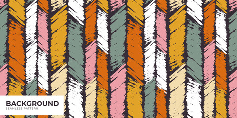 Colored herringbone, seamless pattern of pink, green, orange and yellow. Vector illustration. Zigzag pattern and random handwriting. Grunge abstraction for background, textile, packaging, wallpaper