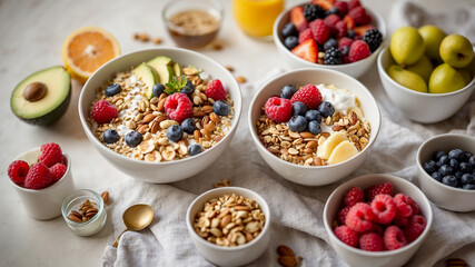 healthy breakfast spread featuring vibrant smoothie bowls topped with fresh berries, nuts, and seeds. Include whole grain toast with avocado slices