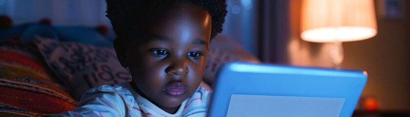 Happy African American child using iPad with AI technology, blue light emitting from screen