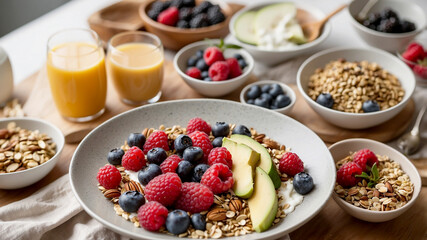 healthy breakfast spread featuring vibrant smoothie bowls topped with fresh berries, nuts, and seeds. Include whole grain toast with avocado slices