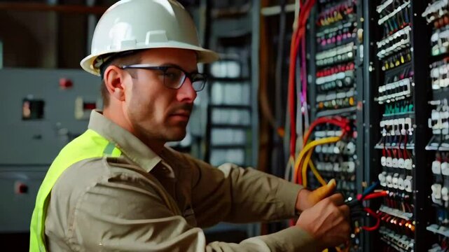A man in a hard hat and safety vest is working on a circuit breaker panel.