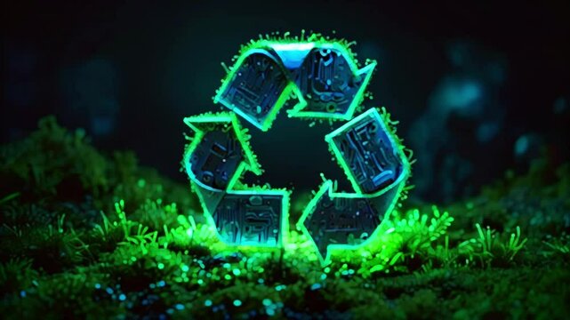A glowing green recycling symbol made of glass or crystal is sitting on a bed of bright green moss against a black background.