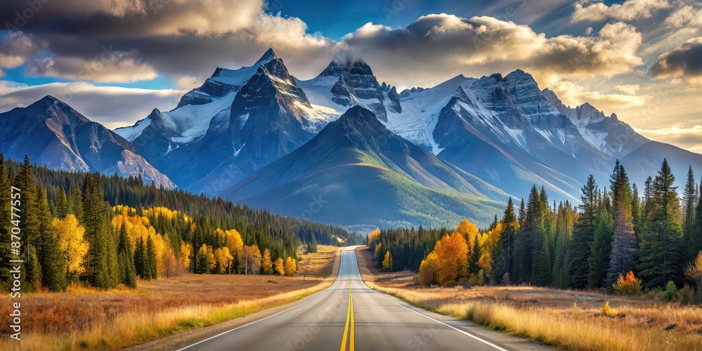 Poster Scenic road leading towards majestic mountains, mountain range, winding road, scenic drive, wilderness, adventure