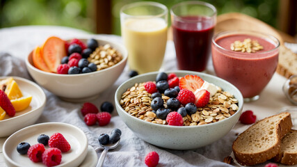 healthy breakfast spread featuring vibrant smoothie bowls topped with fresh berries, nuts, and seeds. Include whole grain toast with avocado slices