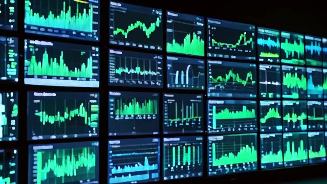 A grid of stock market graphs with green and white lines on a black background.