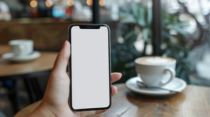 Mockup of mobile phone held by a woman's hand in a coffee shop with blank screen for text and marketing purposes.