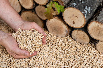 A pile of high quality oak pellets on fire in front of a wall of wood.