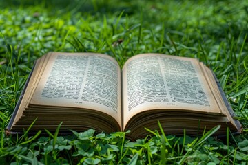Fototapeta premium Serene Moments of Reading in Nature. The Beauty of an Open Book on Green Grass