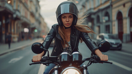 Biker girl in a leather jacket on a motorcycle looking at the sunset