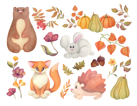 cute watercolor forest stickers with wild animals and autumn leaves, pumpkins. fox, baby bear, rabbit, hedgehog, winter cherry, dry flowers illustrations set isolated on transparent background