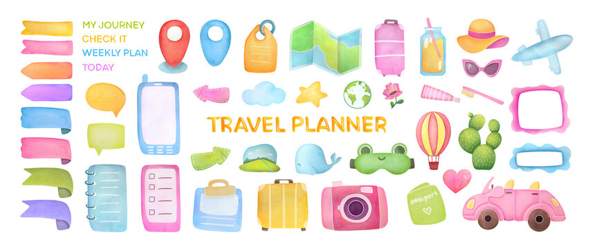 Cute travel journal and planner design illustrations collection. huge watercolor travel checklist set. Hand drawn vacation icons. clip art and cut Summer elements