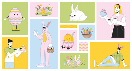 Happy Easter bento grid illustration set. Eastertime traditions 2D vector image collage design graphics collection. Eastertide April. Celebrating young adults flat characters moodboard layout