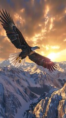 Majestic bald eagle soaring over snowy mountain range at sunset, wildlife concept