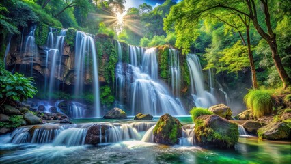 Fototapeta premium Majestic waterfalls cascading down rocks in a fantasy world with dense lush forests , fantasy, waterfalls, lush, forests