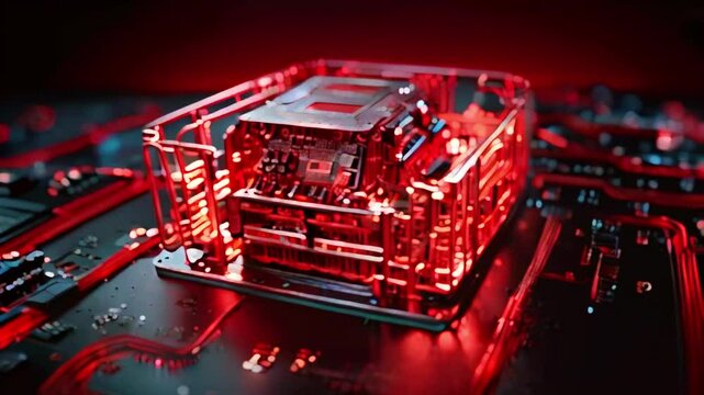 A glowing red computer processor on a circuit board with a red background.
