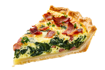 a slice of quiche with bacon and spinach