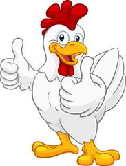 A chicken cartoon rooster cockerel character mascot giving a thumbs up.
