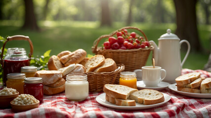 outdoor breakfast picnic spread on a checkered blanket in a sunny park. Include fresh baguettes, an assortment of cheeses