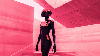 futuristic woman in black latex suit in a minimalist purple architecture