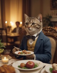 Amidst a lively gathering, an anthropomorphic cat savors a delicious meal at a dinner party
