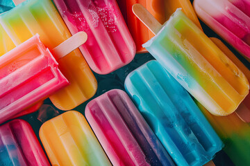 Assorted rainbow ice cream popsicles. Overhead view, close up. Delicious summer dessert. Food background