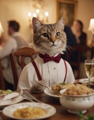 Amidst a lively gathering, an anthropomorphic cat savors a delicious meal at a dinner party
