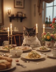 Amidst a lively gathering, an anthropomorphic cat savors a delicious meal at a dinner party
