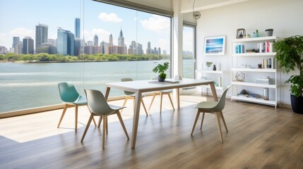 Fototapeta premium Contemporary office with city view, wooden floor, concrete walls, and minimalist furniture