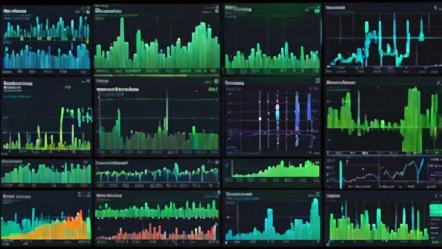 A grid of 15 stock market graphs with green and red lines.