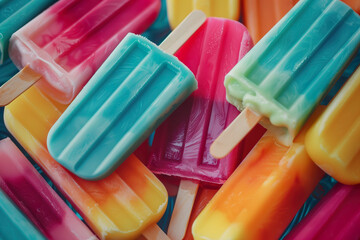 Assorted rainbow ice cream popsicles. Overhead view, close up. Delicious summer dessert. Food background