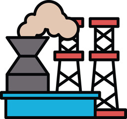 A black and white drawing of a power plant with a large smokestack