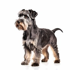 Standard schnauzer dog breed standing against white background, AI Generated