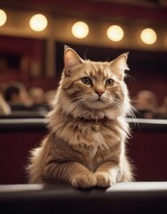 Captivated by the stage, an anthropomorphic cat watches intently at the theater
