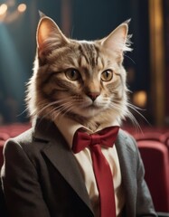 Captivated by the stage, an anthropomorphic cat watches intently at the theater
