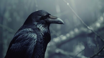 Naklejka premium Close-up of a black raven in a misty forest with blurred background, moody and mysterious concept