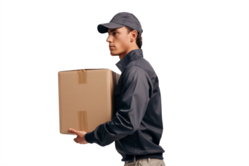 professionalism and reliability of a modern courier carrying a simple box on a white background.