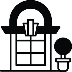 A black and white drawing of a store front with a large window