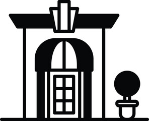 A black and white drawing of a store front with a large window