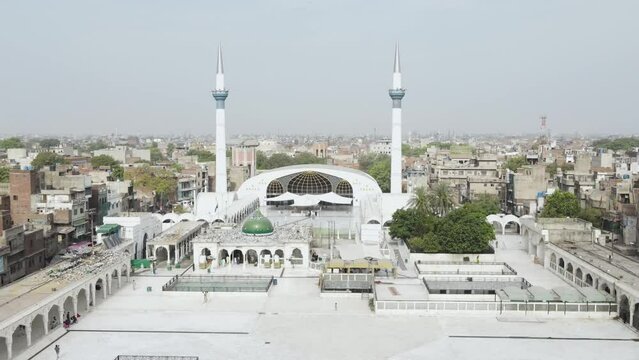 Drone flying towards Data Darbar, a shrine of Muslim Sufi Saint, located in Lahore