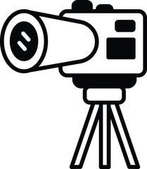 A camera with a tripod is shown in black and white