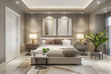 Modern bedroom large bed soft headboard floor ceiling window wall vertical lines soft light Cozy Ambiance Interior Design Concept 