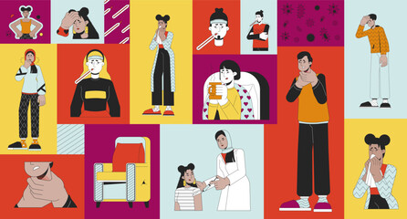 Obraz premium Illnesses seasonal bento grid illustration set. Winter sickness symptoms 2D vector image collage design graphics collection. Flu vaccine. Diverse people sick cold flat characters moodboard layout