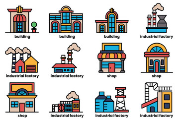 The image is a collection of different buildings, including a factory, a shop