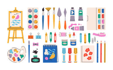 Set of painting tools elements. Art supplies: brushes, paint tubes, pencils, ink, sketchbook, easel, watercolor, markers, palette, crayons, palette knife sketchbook. Vector hand draw flat illustration