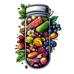 nutritional supplement capsule filled with fruits, vegetables, nuts and beans, on a crisp white background.