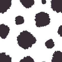 Polka dots, round ink strokes. Monochrome seamless pattern. Vector illustration. Round torn shapes, black on white. Abstract, grunge background for packaging, textiles, wallpaper, notepads, labels